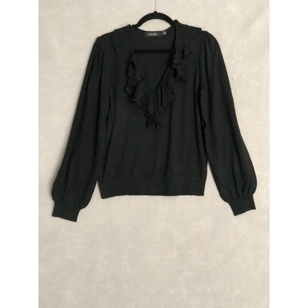Lauren Ralph Lauren V-Neck Top Women's XS Cotton Blend Ruffle Black NEW